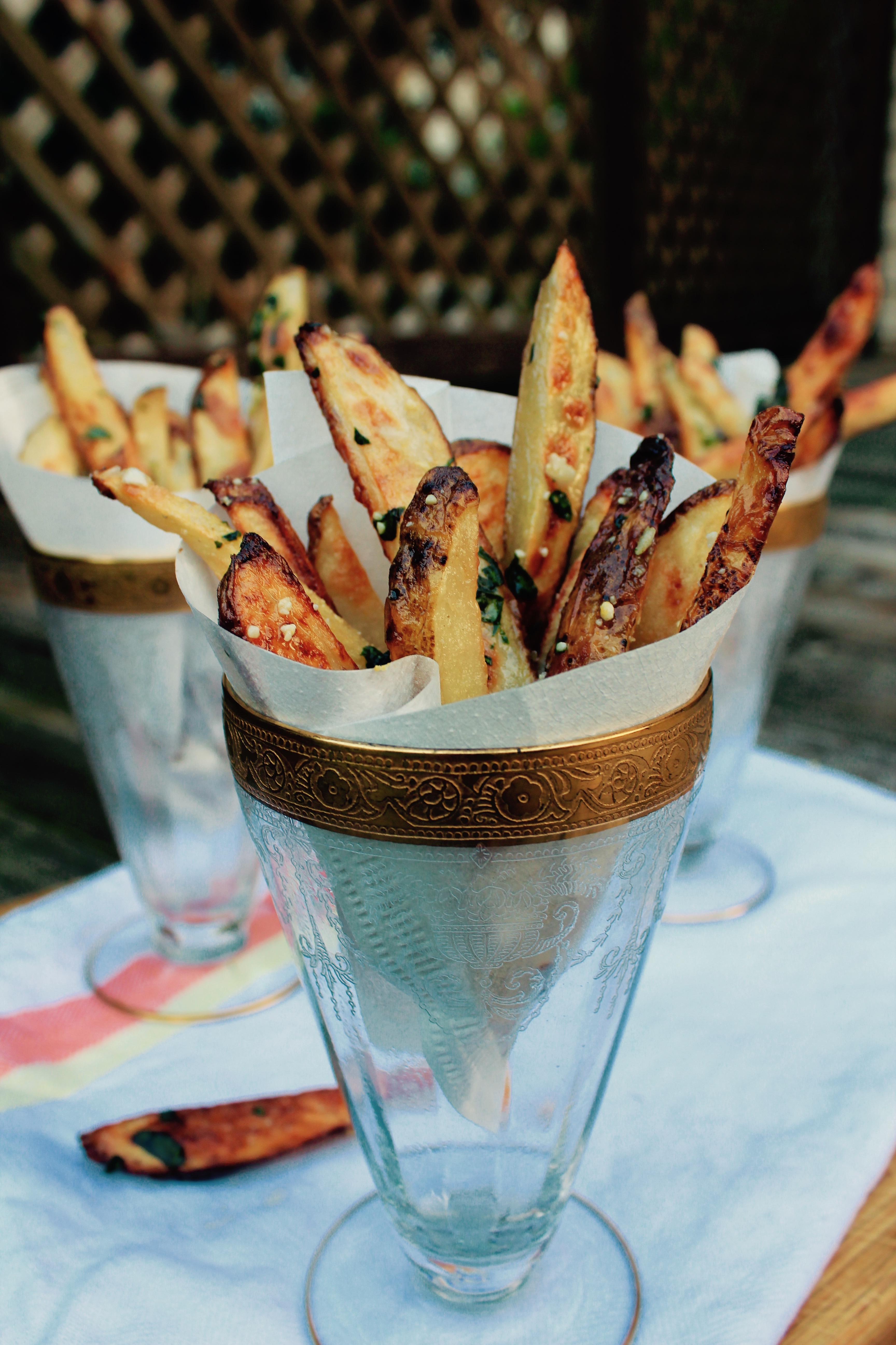 Vegan Oven Fries in Great Grandmother's Glassware (with coffee filter:)